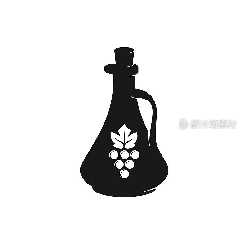 Vinegar bottle black silhouette with grape berries and leaf symb